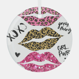 Glitter Lips: Fashionable Leopard Print Glass Ornament
