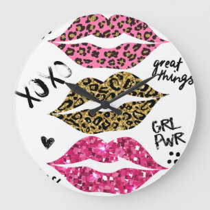 Glitter Lips: Fashionable Leopard Print Large Clock
