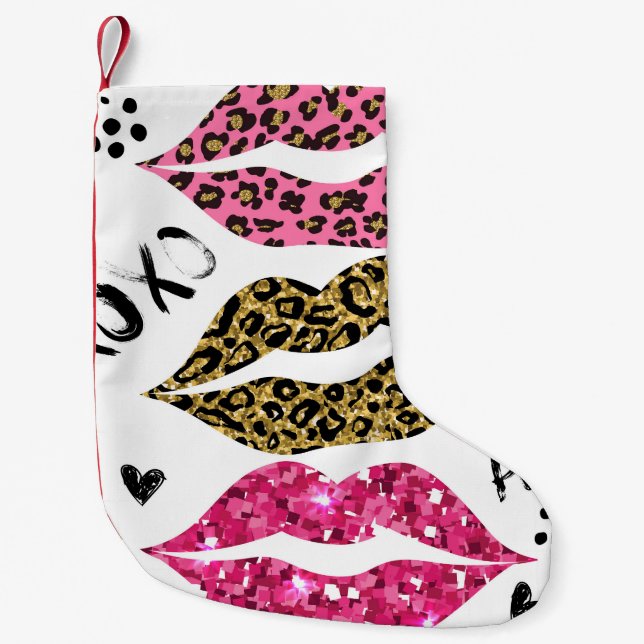 Glitter Lips: Fashionable Leopard Print Small Christmas Stocking (Front)