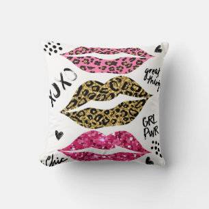 Glitter Lips: Fashionable Leopard Print Throw Pillow