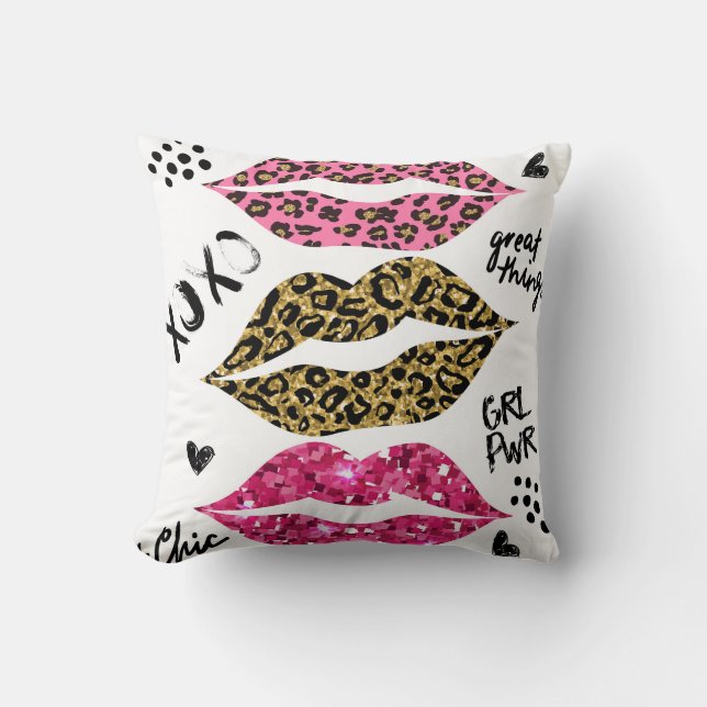 Glitter Lips: Fashionable Leopard Print Throw Pillow (Front)