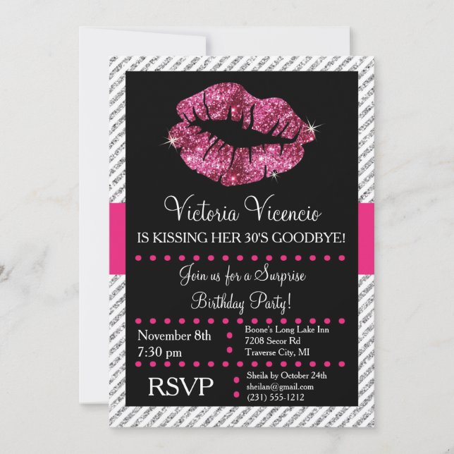 Glitter Lips Kissing Adult Birthday Invitation (Front)