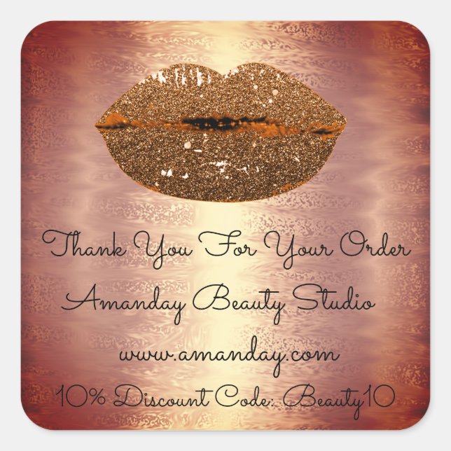 Glitter Lips Thank You Shop Discount Gold Brown Square Sticker (Front)