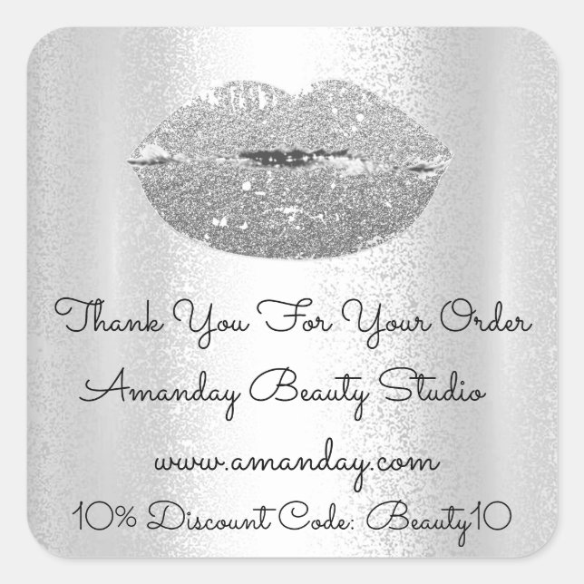 Glitter Lips Thank You Shopping Discount Silver Square Sticker (Front)