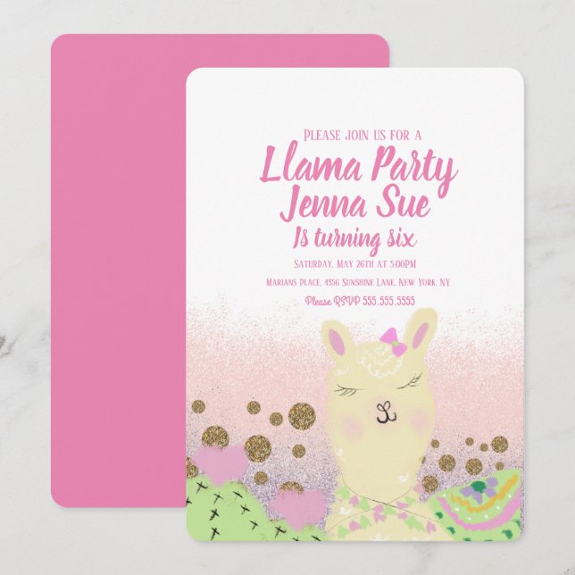 Glitter Llama Birthday Party Doodle Colourful Invitation (Front/Back)