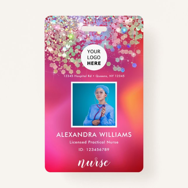 Glitter Logo Template Employee Photo Name Nurse ID Badge (Front)