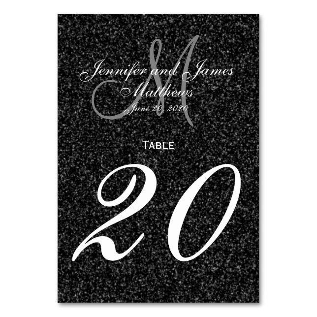 Glitter Look Black and White Monogram Table Number (Back)