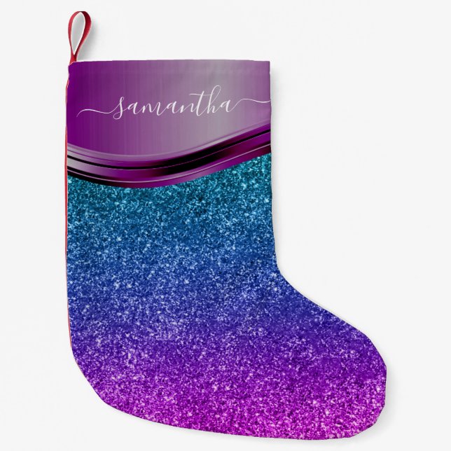 Glitter look Bright Purple Personalized Name   Small Christmas Stocking (Front)