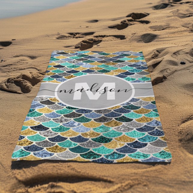 Glitter Look Mermaid Scales Monogram Colourful Cut Beach Towel (Creator Uploaded)