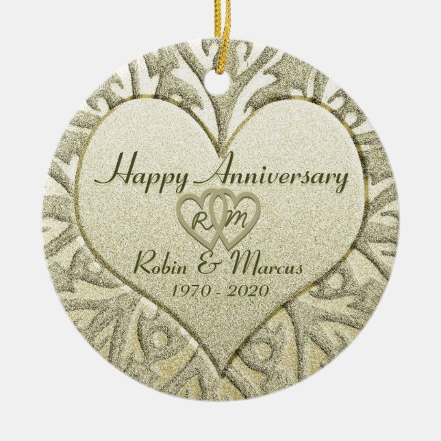Glitter Look Monogram Anniversary Ceramic Ornament (Front)