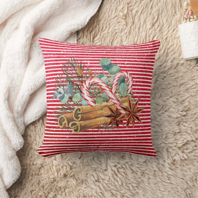 Glitter look Red Pine Candy Cane Bouquet Christmas Throw Pillow (Blanket)