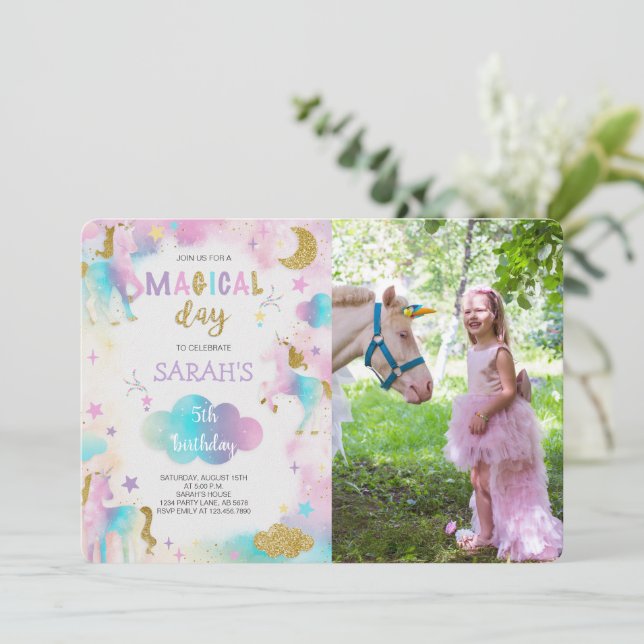 Glitter Magical Unicorn Birthday Photo Invitation (Standing Front)