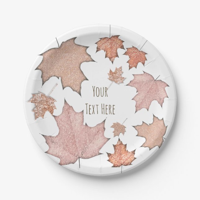 Glitter Maple Fall Leaves Golden Autumn Party Paper Plate (Front)