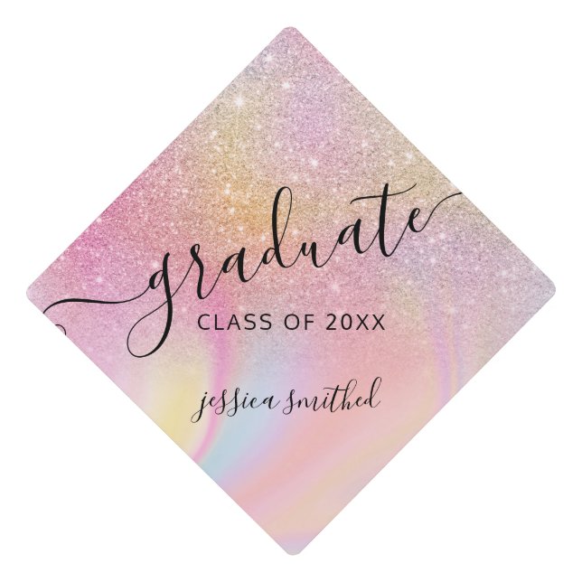 Glitter marble rainbow typography graduate graduation cap topper (Front)