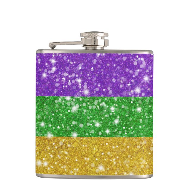 Glitter Mardi Gras Colourful Stripe Carnival Bling Hip Flask (Front)