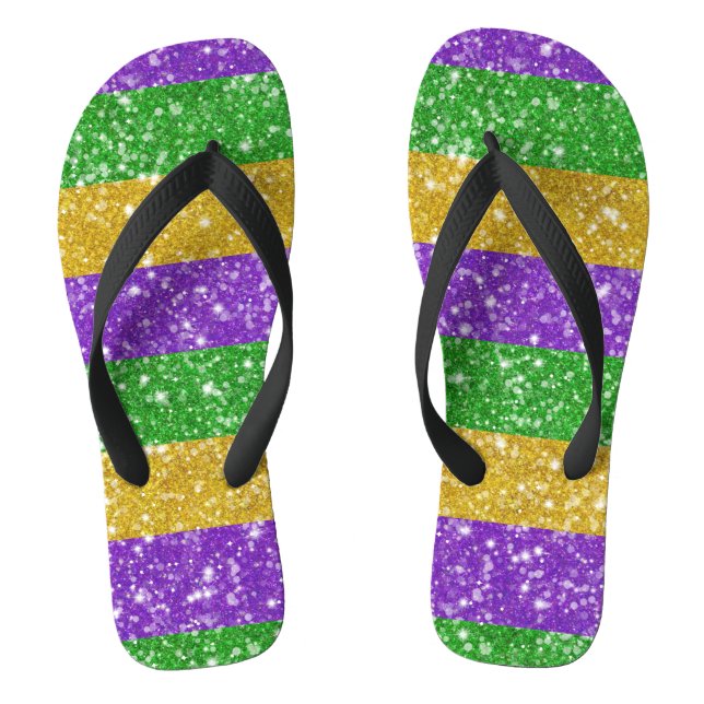 Glitter Mardi Gras Colourful Stripe Cute Carnival Flip Flops (Footbed)