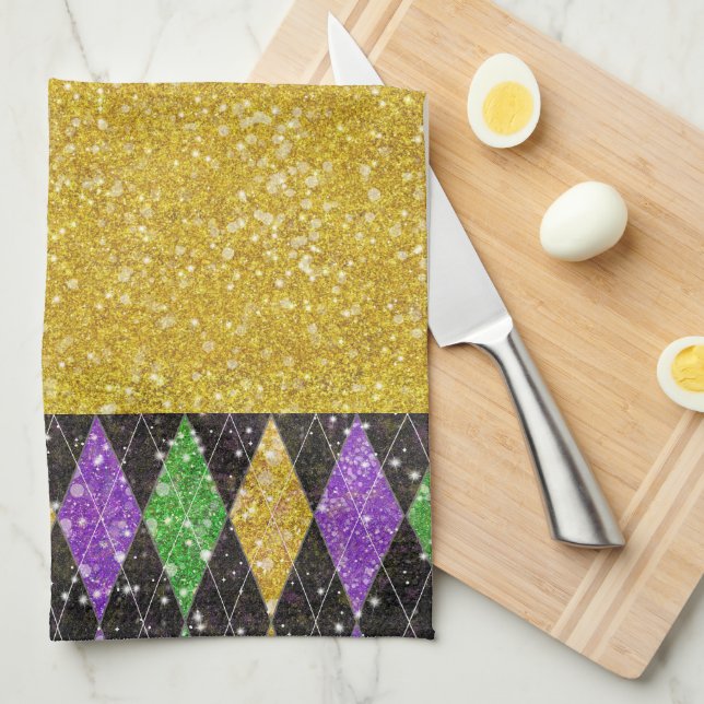 Glitter Mardi Gras Harlequin Argyle Kitchen Towel (Quarter Fold)