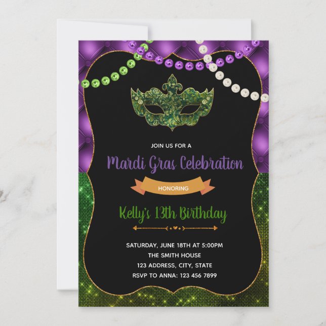 Glitter mardi gras party birthday invitation (Front)