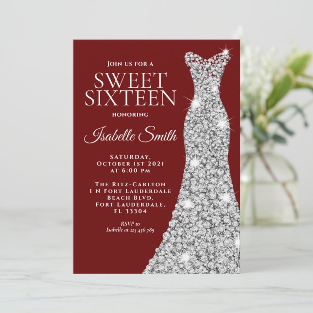 Glitter Maroon Sweet Sixteen Birthday Invitation (Standing Front)