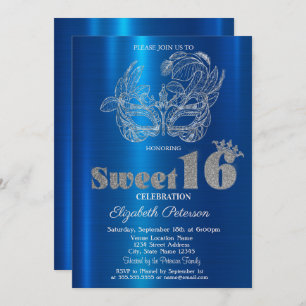 Glitter Mask Blue Metallic Sweet 16 Invitation
