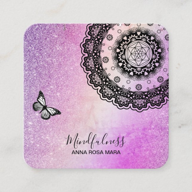 *~* Glitter Meditation Butterfly Yoga Mandala Square Business Card (Front)