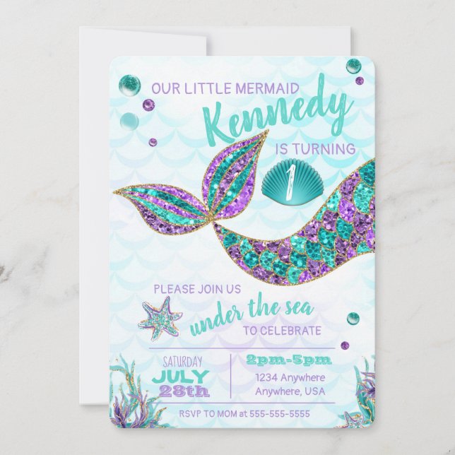 Glitter Mermaid Invitation, Under the Sea Party, Invitation (Front)