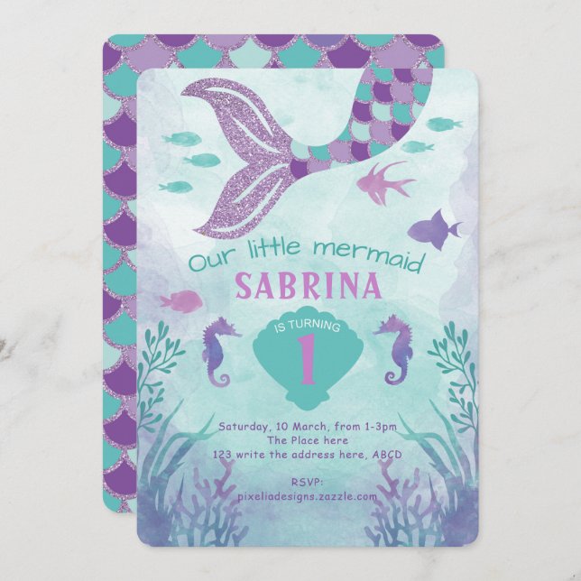 Glitter Mermaid, Purple, Tail, Under the sea Invitation (Front/Back)