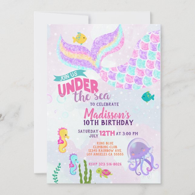 Glitter Mermaid Under the sea Birthday Invitation (Front)