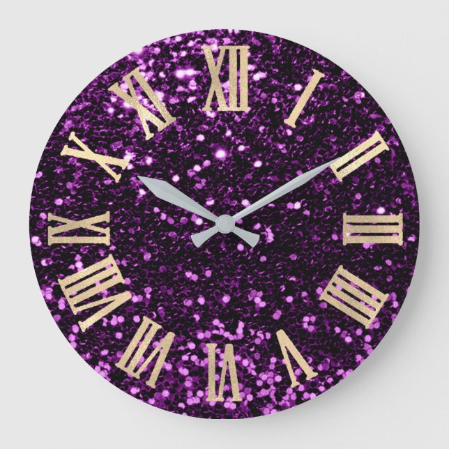Glitter Metallic Roman Numbers Purple Plum Gold Large Clock (Front)