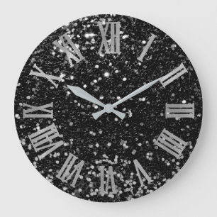 Glitter Metallic Roman Numbers Silver Black Grey Large Clock