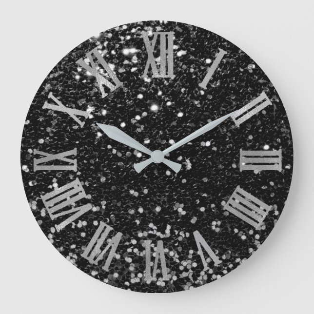 Glitter Metallic Roman Numbers Silver Black Grey Large Clock (Front)