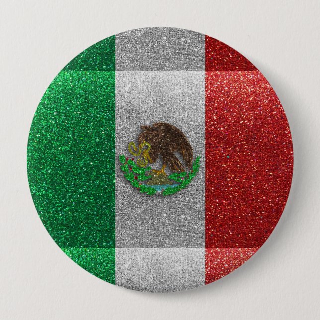 Glitter Mexican Flag of Mexico Latin Fashion Bling 4 Inch Round Button (Front)