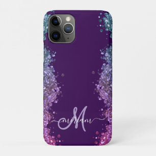 Glitter Modern Monogram Purple Teal Blue Shiny  iPhone 11 Pro Case