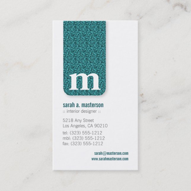 Glitter Monogram Designer Business Card (peacock) (Front)