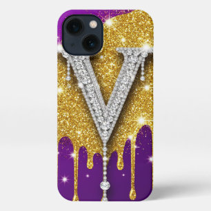 Glitter Monogram V ✨ Gold Drip Purple Luxe Glam iPhone 13 Case
