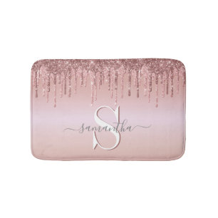 Glitter Monogrammed Pink Rose Gold Bath Mat