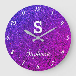 Glitter Monograms Purple Pink Elegant Gift Favour Large Clock