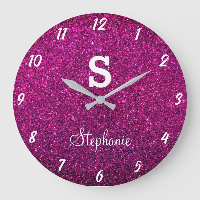 Glitter Monograms Purple Pink Modern Gift Favour Large Clock (Front)