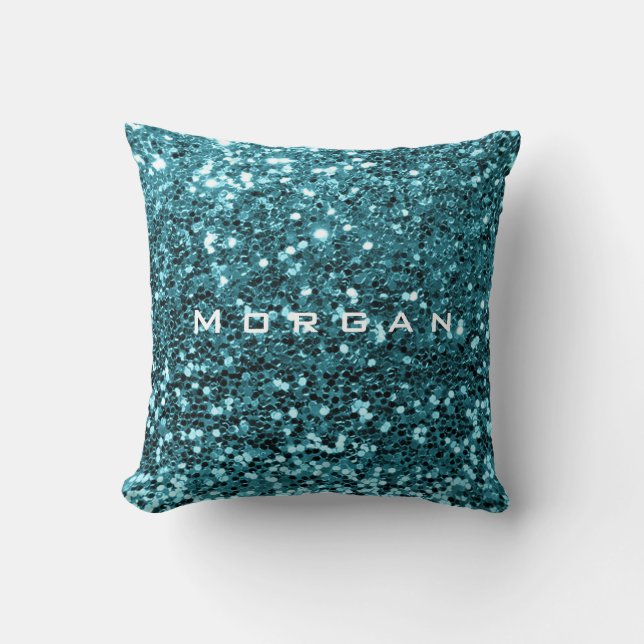 Glitter Name Fashion Sequin Blue Teal Aquatic Throw Pillow (Front)
