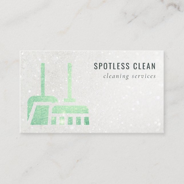 Glitter Neon Green Shiny Broom Cleaning Service Business Card (Front)