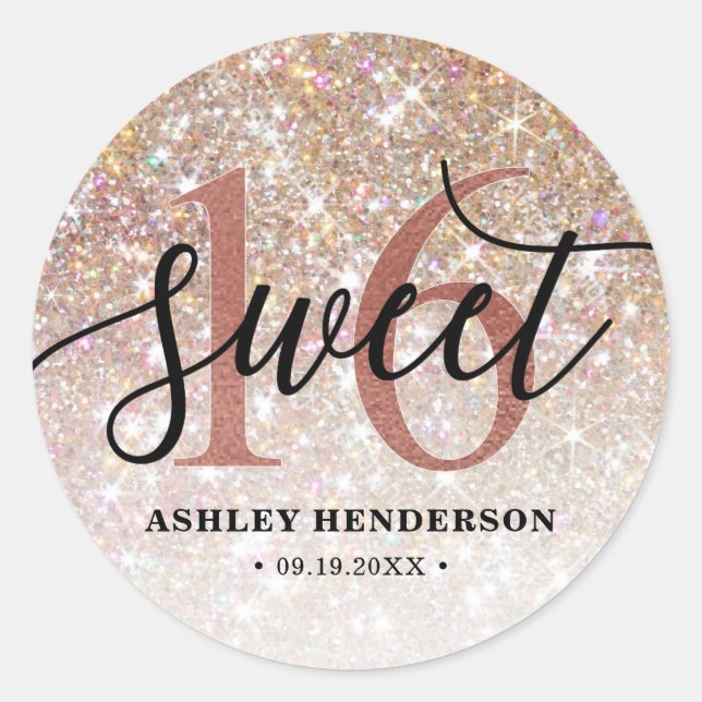 Glitter Ombre Sweet 16 Birthday Classic Round Sticker (Front)