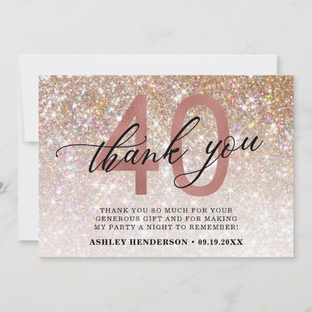 Glitter Ombre Sweet 40th Birthday Thank You Card (Front)