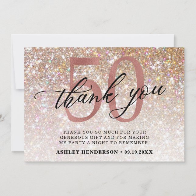 Glitter Ombre Sweet 50th Birthday Thank You Card (Front)