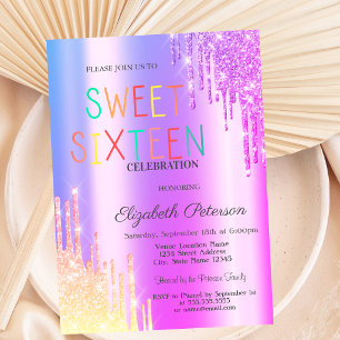 Glitter Ombre Violet Drips Colourful Sweet 16 Invitation