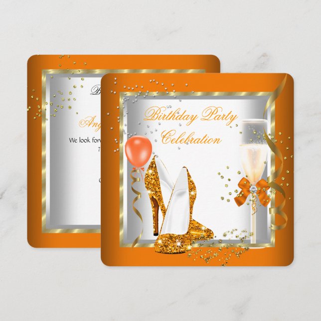 Glitter Orange Gold High Heels Birthday Party Invitation (Front/Back)