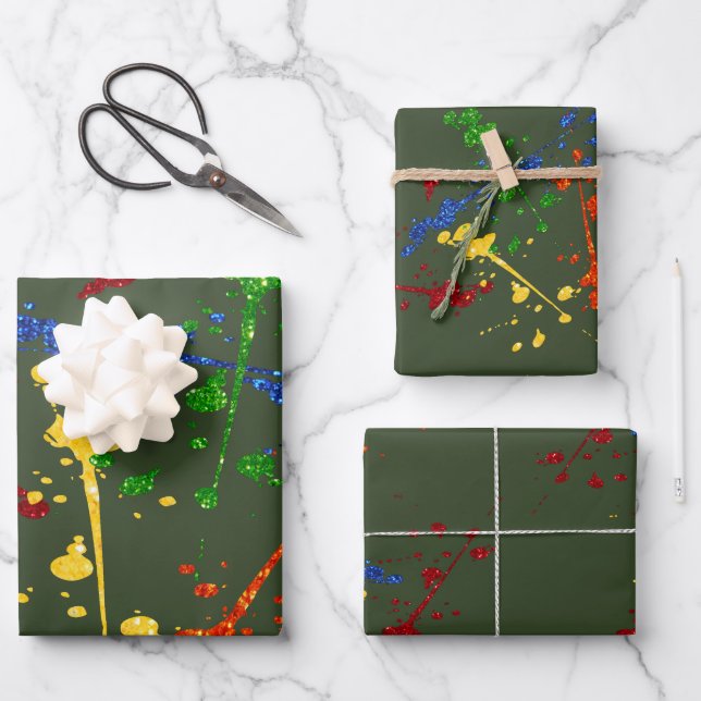 Glitter Paintball Party Paint Splatter Wrapping Paper Sheet (Front)