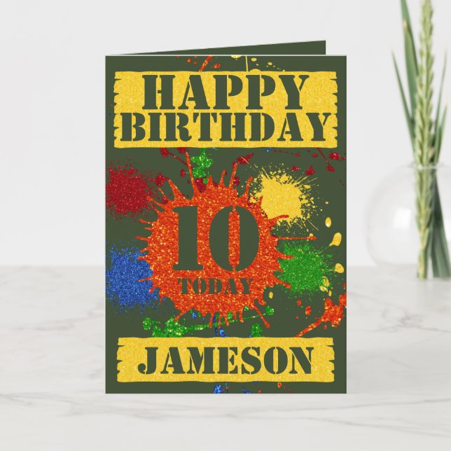 Glitter Paintball Theme Name & Age Birthday Card (Front)