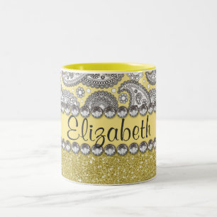 Glitter Paisley Rhinestone Print Pattern Two-Tone Coffee Mug