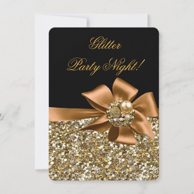 Glitter Party Night Gold Black Bronze Bow Jewel Invitation (Front)