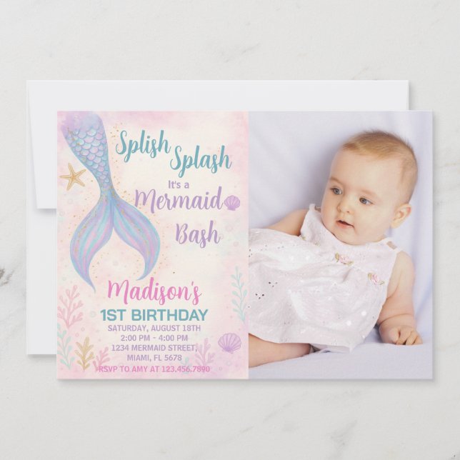 Glitter Pastel Ocean Theme with photo Invitation (Front)